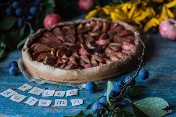 Apple pie on wooden blue rustic