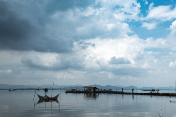 The raft floating fish farming and sky in Krasiew dam ,Supanburi Thailand.