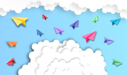 abstract cloud with paper plane background, vector ,illustration, paper art style