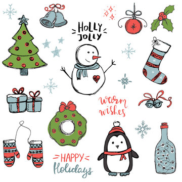 Set of cute and simple hand drawn Christmas elements