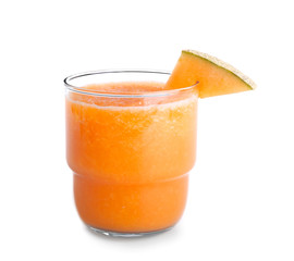 Glass of fresh melon smoothie on white background