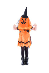 Full length of Little girl wearing Halloween costume standing over white background