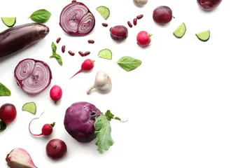 Poster Flat lay composition with various vegetables and plums on white background © Pixel-Shot