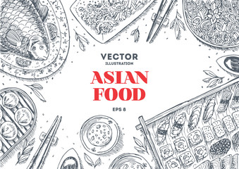 Asian Food Frame. Sushi restaurant design template. Linear graphic.