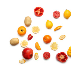 Flat lay composition with various vegetables and fruits on white background