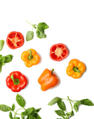 Flat lay composition with fresh peppers and basil on white background