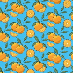 Hand drawn oranges slices pattern with leaves isolated on blue background. 