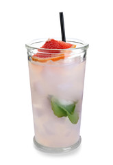 Glass of refreshing grapefruit lemonade on white background