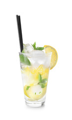 Glass of fresh mojito on white background