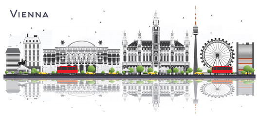 Naklejka premium Panoramę miasta Wiedeń Austria z budynków kolor i odbicia na białym tle.