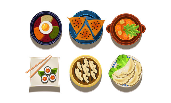Flat vector set of cartoon food icons. Chinese and Korean cuisine. Traditional Asian food. Tasty meal
