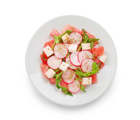 Plate with delicious watermelon salad on white background