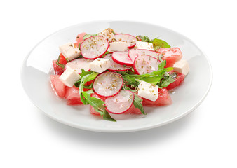 Plate with delicious watermelon salad on white background