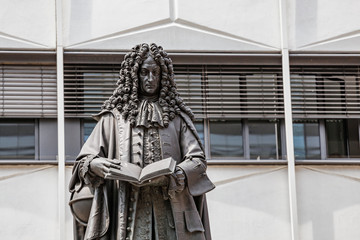 Monument to Gottfried Wilhelm Leibniz, a German scientist and philosopher. Education in Leipzig concept - obrazy, fototapety, plakaty