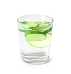 Glass of fresh cucumber water on white background