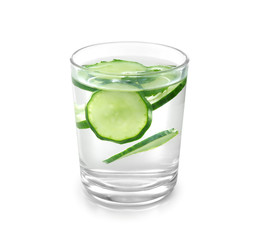 Glass of fresh cucumber water on white background
