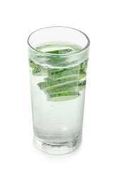 Glass of fresh cucumber water on white background