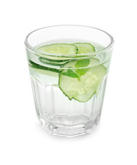 Glass of fresh cucumber water on white background