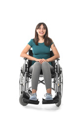 Fototapeta na wymiar Happy young woman in wheelchair on white background
