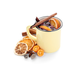 Metal cup of delicious mulled wine on white background