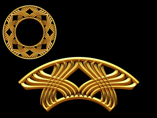 golden ornamental segment, &ldquo;X form", round version, ninety degree angle, for corner or circle, 3d Illustration, separated on black
