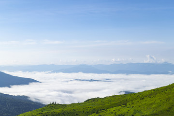 Highlands. Clouds on mountain valley