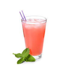 Glass of fresh watermelon lemonade on white background