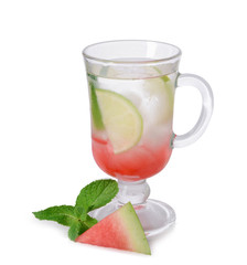Glass cup of fresh watermelon lemonade on white background