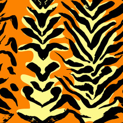 Vector illustration tiger print seamless pattern. Orange and yellow hand drawn background.