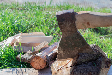 the ax is stuck in a log