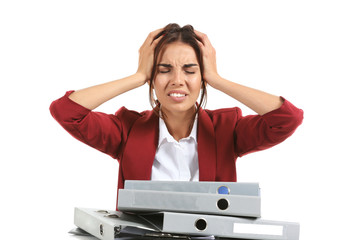 Beautiful stressed businesswoman with headache on white background