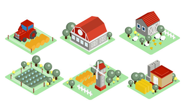 Vector set of isometric farm icons. Wooden barns, tractor, field with harvest, grazing sheep, windmill. Elements for mobile game