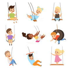 Cute little kids swinging on rope swings, boys and girls having fun outdoor vector Illustration on a white background