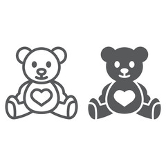 Teddy bear line and glyph icon, child and toy, animal sign, vector graphics, a linear pattern on a white background.