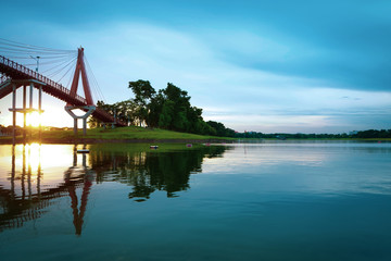 Sky sunset landscape with water bridge. Beautiful nature blue sea background.