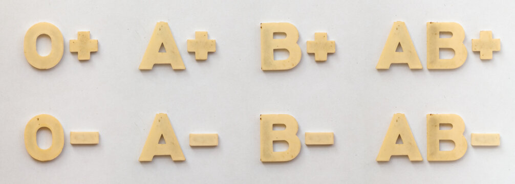bright plastic blood groups with magnet on white paper
