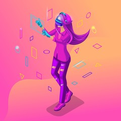 Isometric girl playing in a virtual game. The teenagers are generation Z with gadgets. Bright hair color, beautiful stylish colors