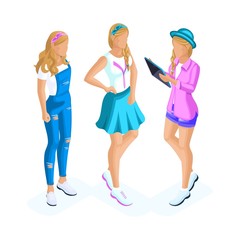Fototapeta premium Isometrics of teenage girls, generation Z with gadgets, stylish clothes, cool hairstyle, hat, accessories, girlfriends since childhood