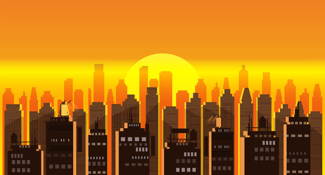 Cityscape sunset. Modern city skyline panoramic vector background. Urban city tower skyscrapers skyline illustration, isolated, illustration