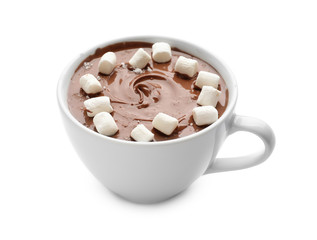 Cup of hot chocolate with marshmallows on white background