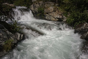 A mountain stream flows with its impetuous waters between the rocks