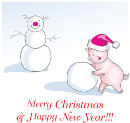 New year of the pig greeting card with cute cartoon piglet in funny winter cap making a snowman.