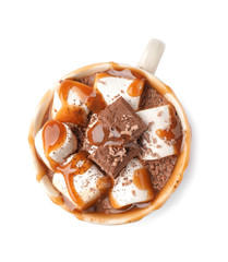 Cup of hot chocolate with marshmallows and caramel on white background