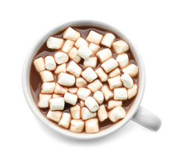 Cup of hot chocolate with marshmallows on white background