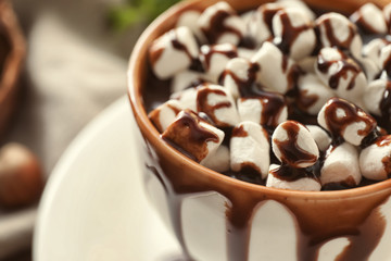Cup of hot chocolate with marshmallows, closeup