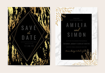 Naklejka na ściany i meble Wedding invitation cards with marble texture background and gold geometric line design vector