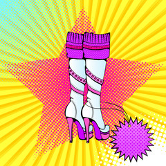 Vector bright colored background in Pop Art style. Illustration with female high boots on a platform. Retro comic style