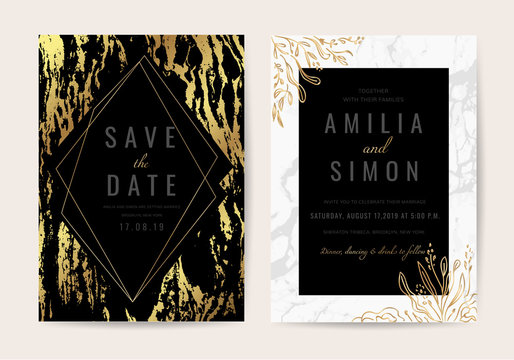 Wedding invitation cards with marble texture background and gold geometric line design vector