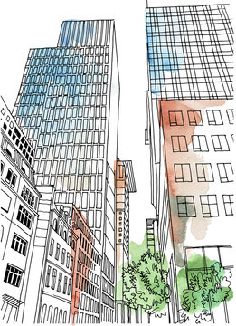 Modern urban landscape in hand drawn sketch style on watercolor background