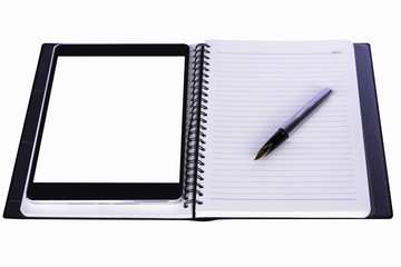 Digital tablet with blank white screen, notebook and pen isolated on white background.  Business plan in concept.